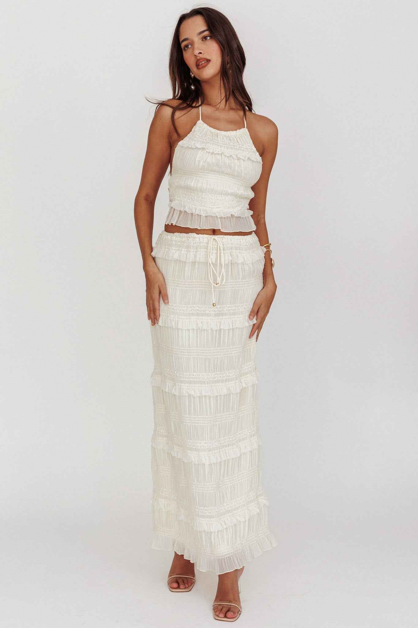 SHIRRED SEQUIN MAXI EVENING PARTY SKIRT