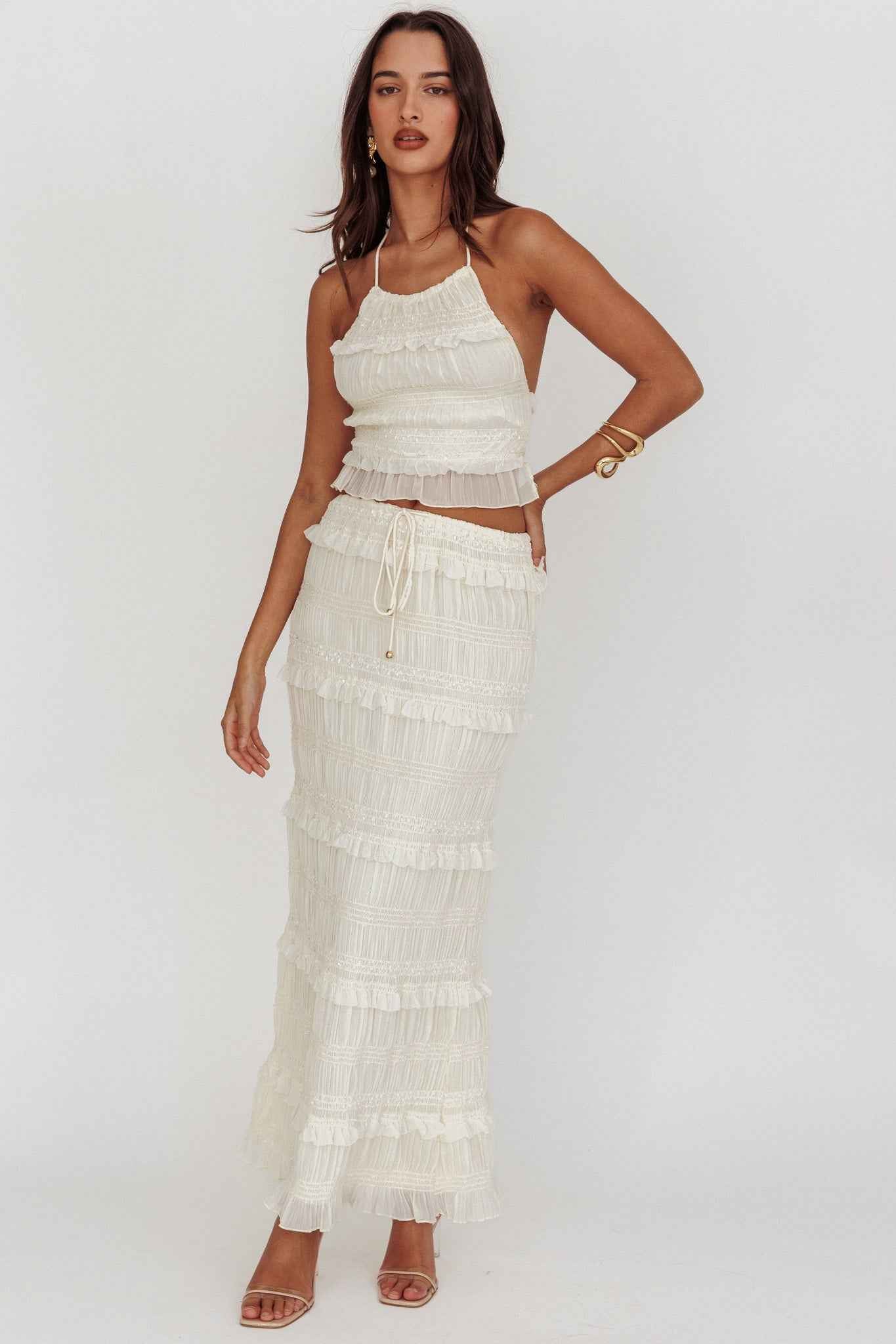 SHIRRED SEQUIN MAXI EVENING PARTY SKIRT
