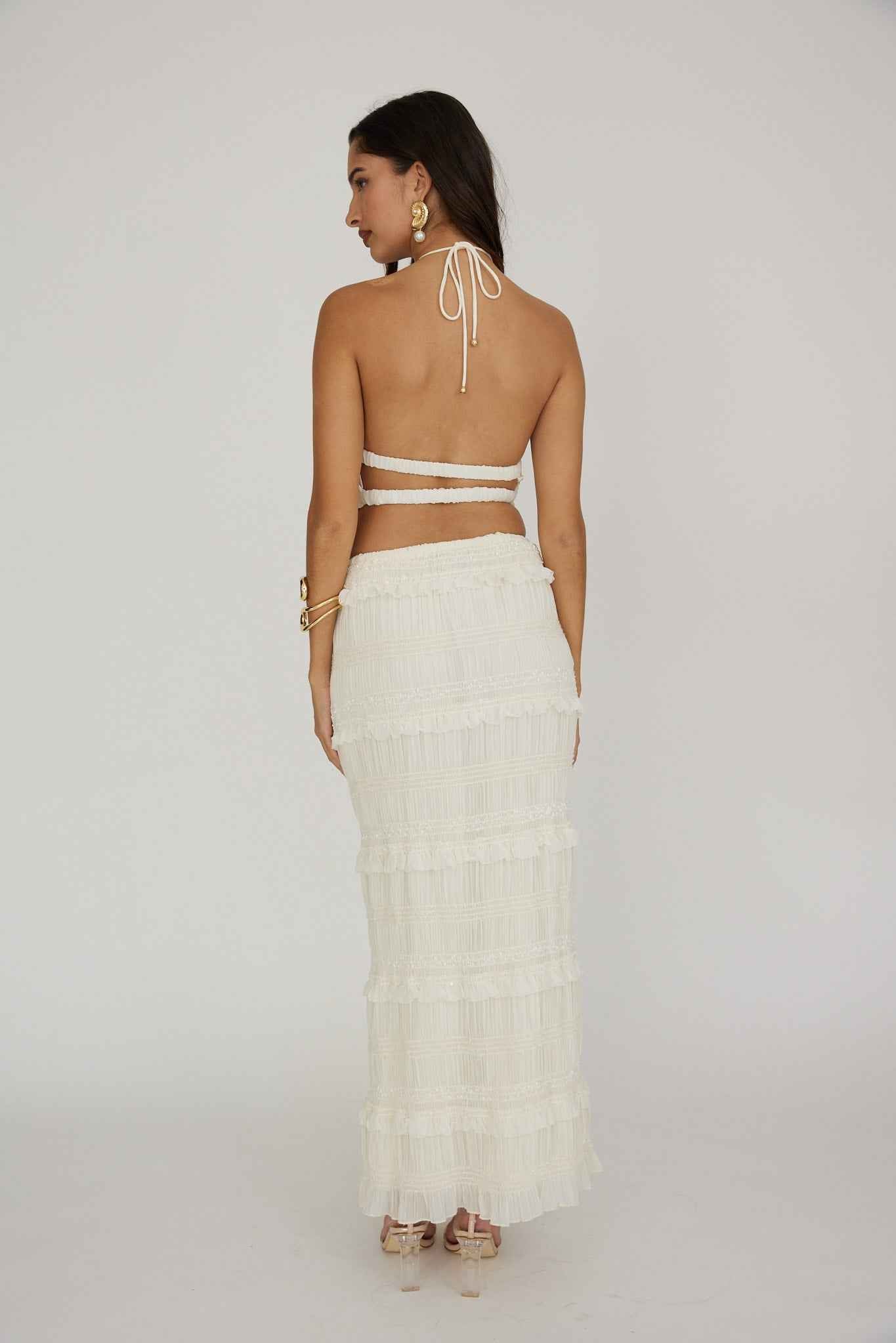 SHIRRED SEQUIN MAXI EVENING PARTY SKIRT