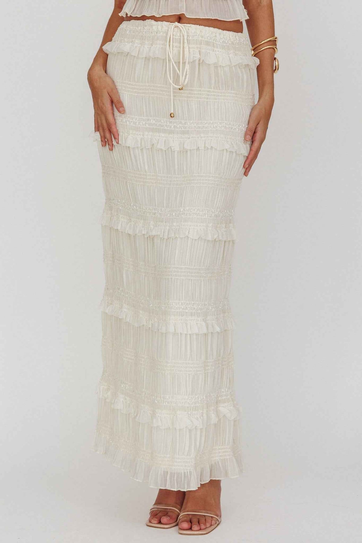 SHIRRED SEQUIN MAXI EVENING PARTY SKIRT
