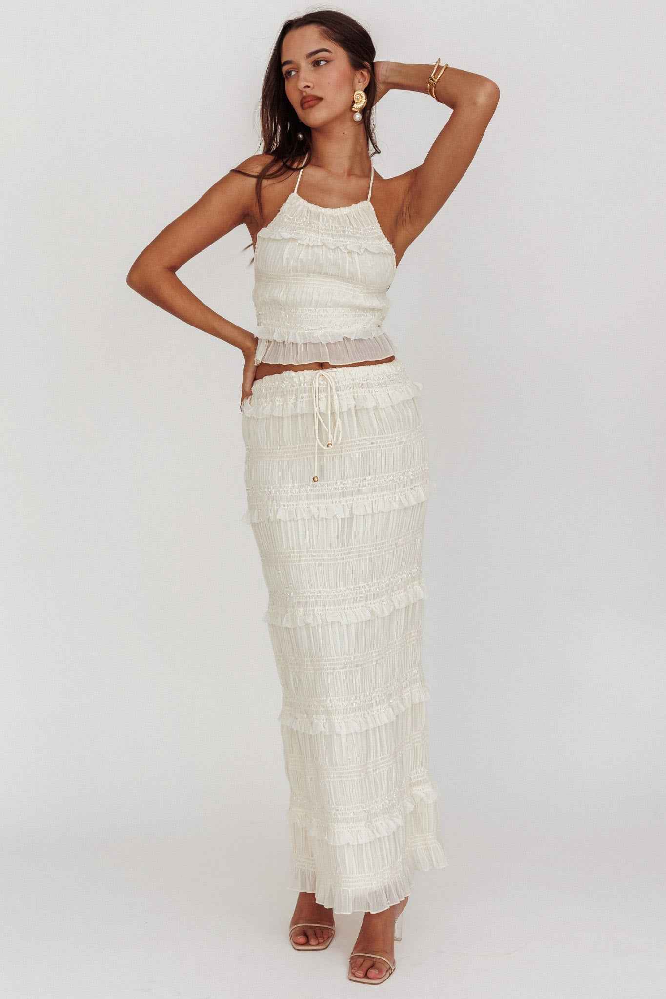 SHIRRED SEQUIN MAXI EVENING PARTY SKIRT