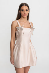 Satin Mini Dress with Crystal Bow Strap Detail Blush