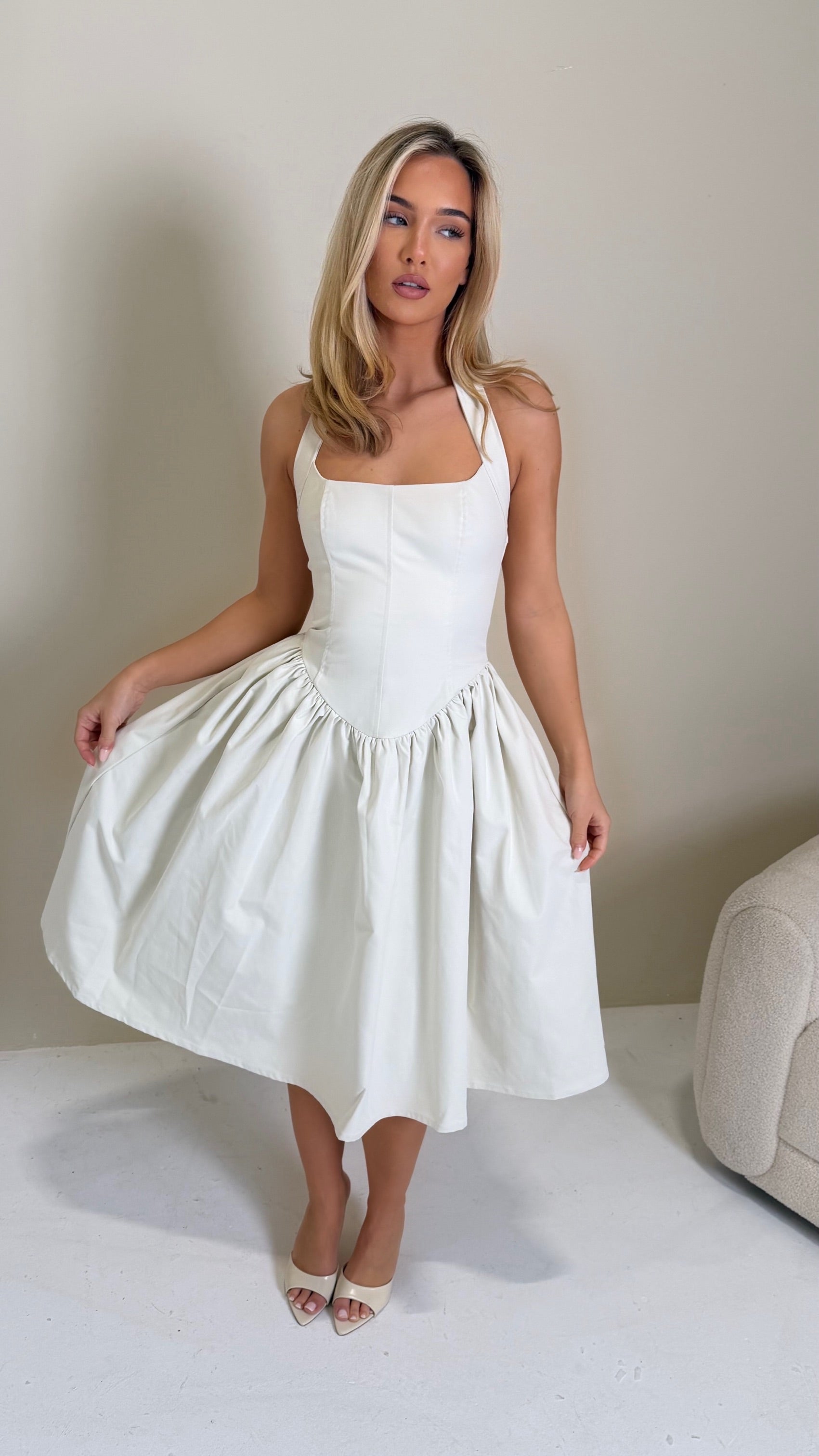BLYTHE Halterneck Structured Midi Dress In Ivory