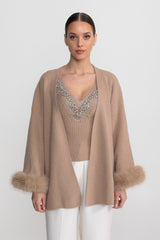 Knit Two Piece Set With Crystal Embellishments And Trim Cuffs - Beige