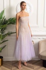 STRAPLESS FITTED MIDI COCKTAIL PARTY DRESS