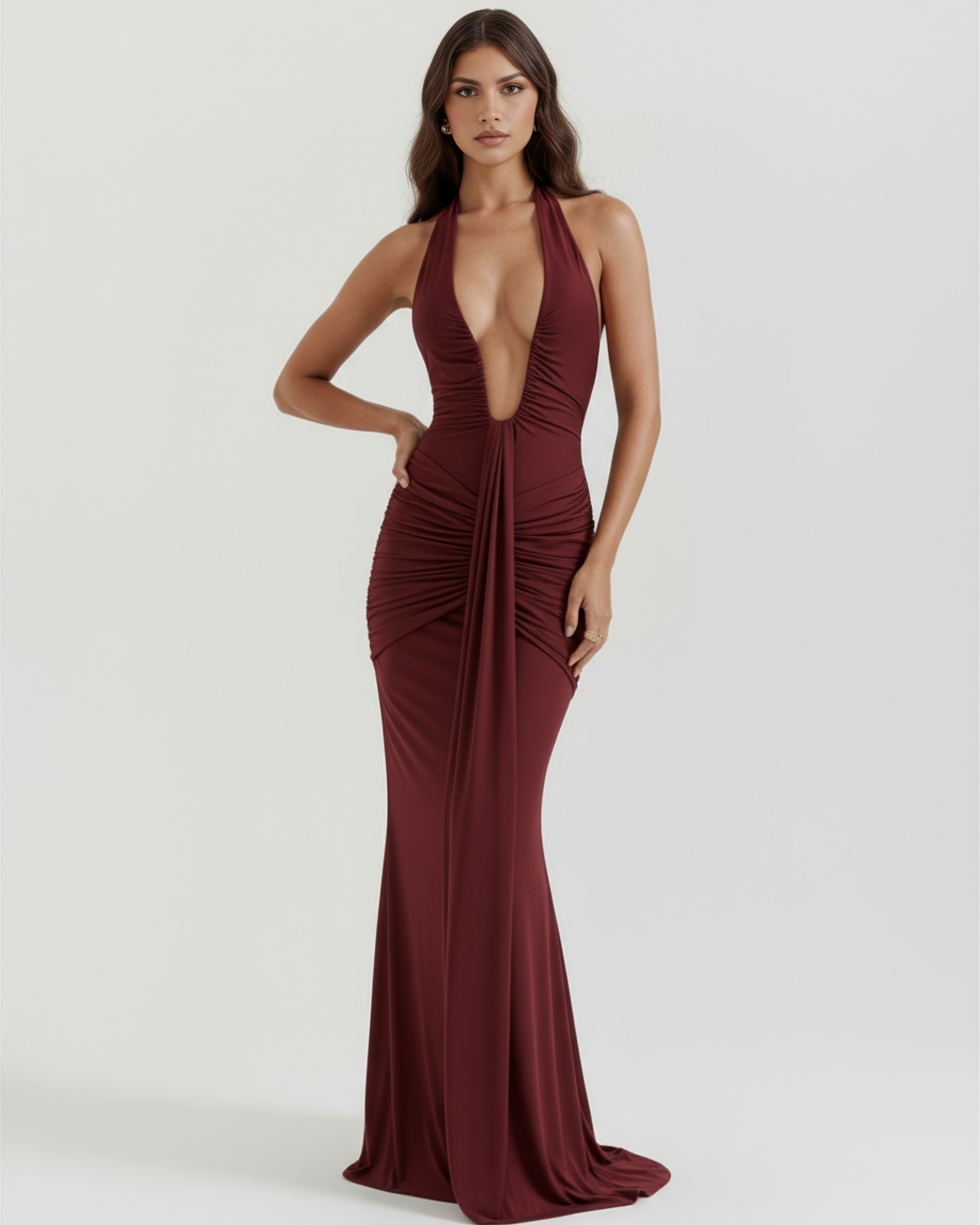 Burgundy Halter Neck, Ruched Details, Glamorous Events