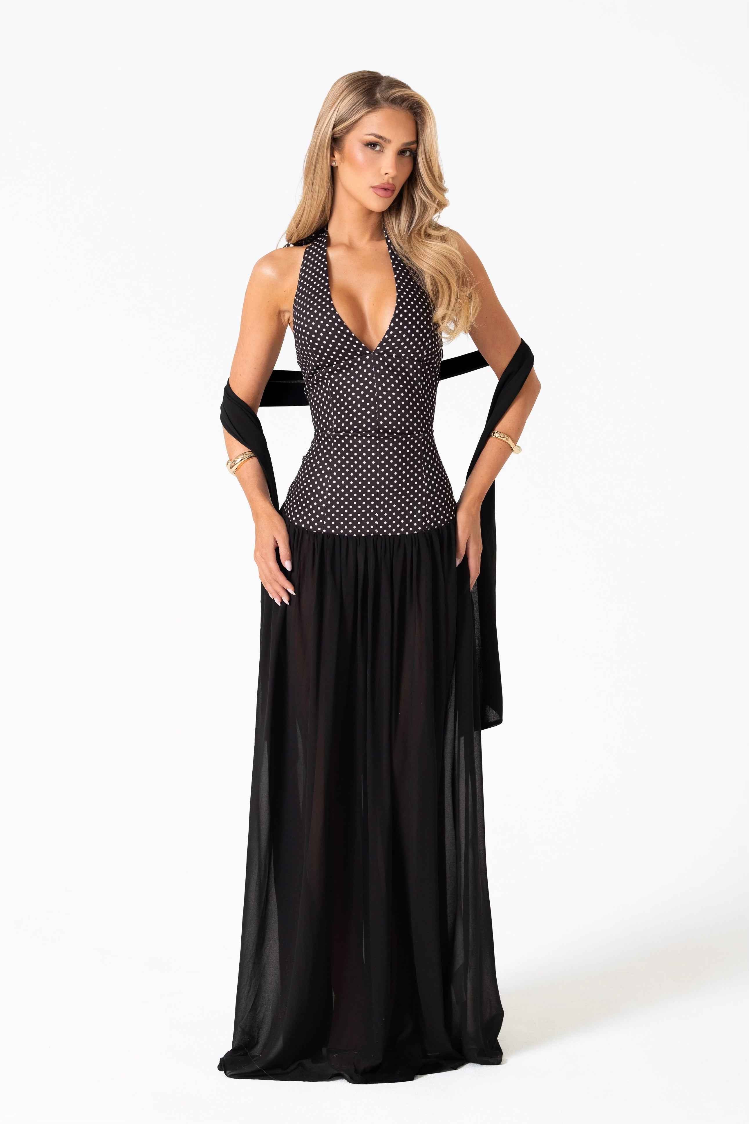 Adeline Maxi Dress - Black Polka Dot Halterneck