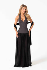 Adeline Maxi Dress - Black Polka Dot Halterneck