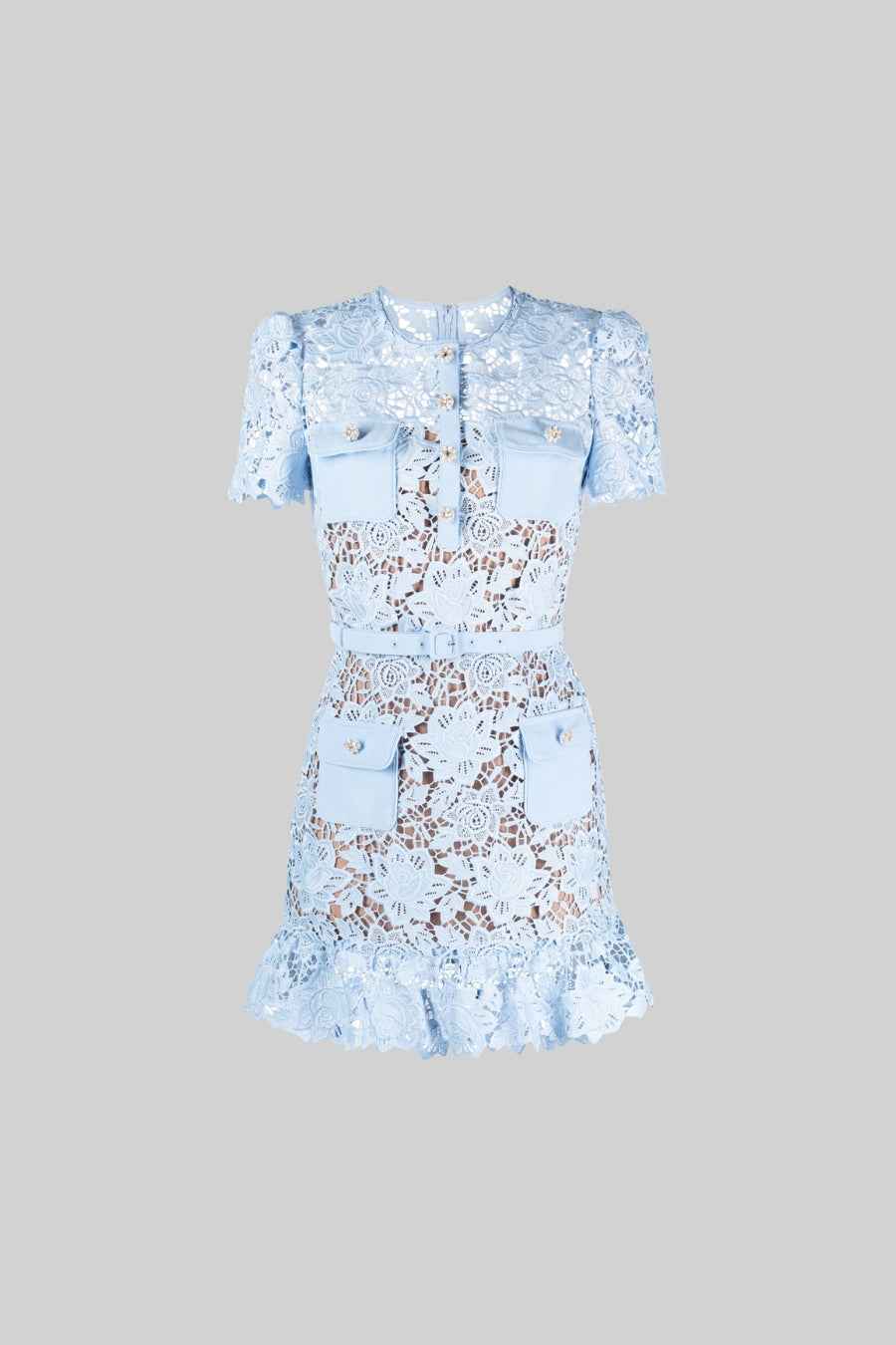 Short Sleeve Embroidered Floral Dress - Blue