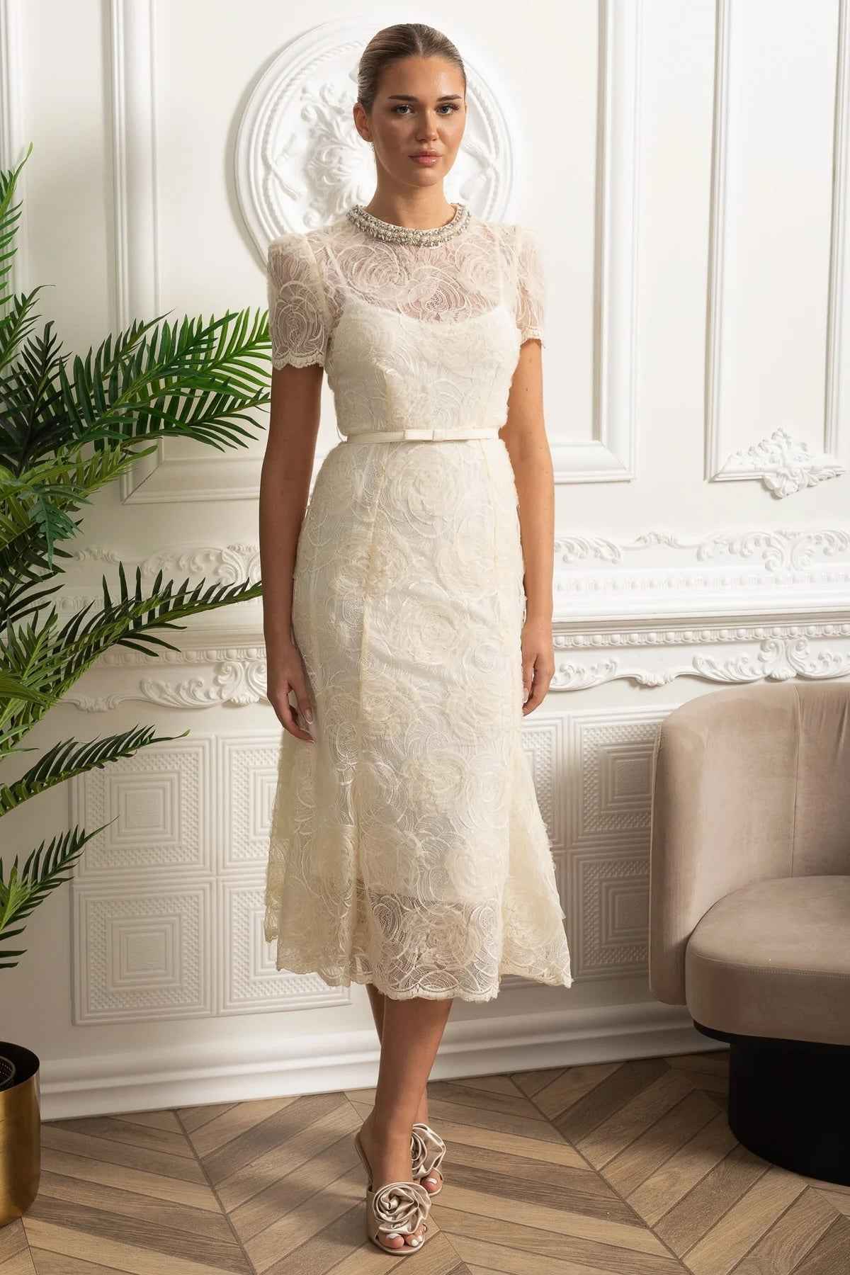 LACE FLORAL MIDI COCKTAIL PARTY DRESS