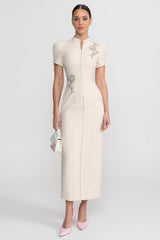Short Sleeve Midi Dress With High Split Neckline And Sparkling Embellishments - Ivoire
