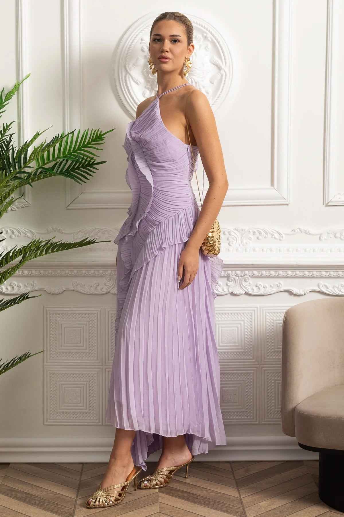 PLEATED HALTER MIDI COCKTAIL PARTY DRESS