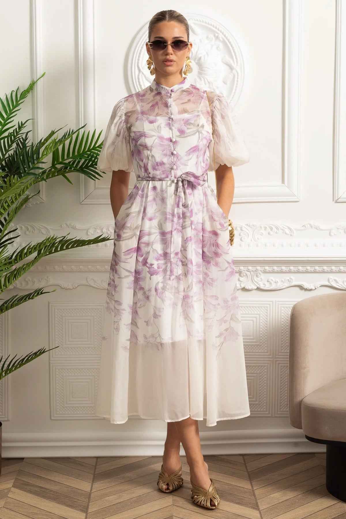 FLORAL PUFF-SLEEVE MIDI SUMMER DRESS