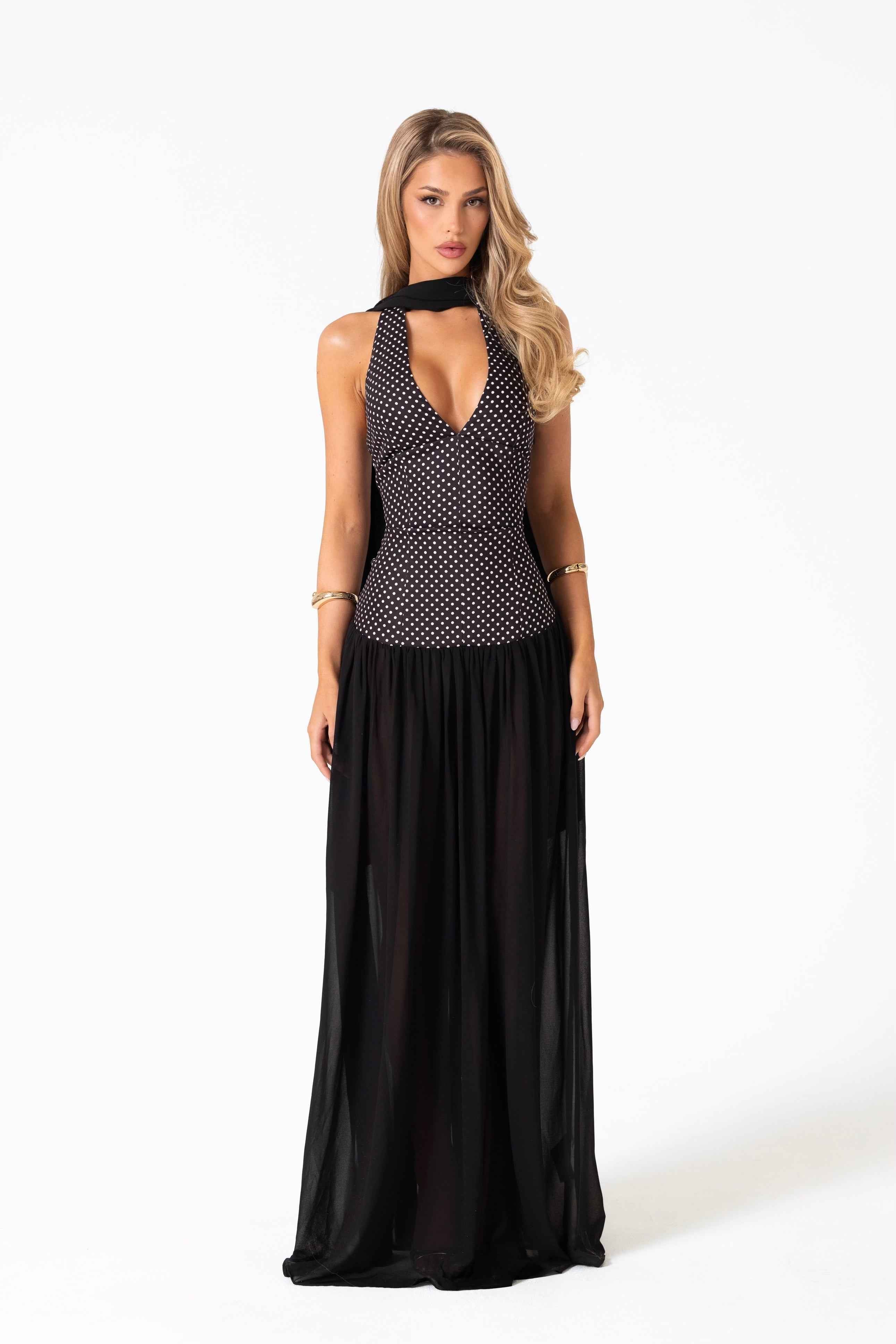 Adeline Maxi Dress - Black Polka Dot Halterneck