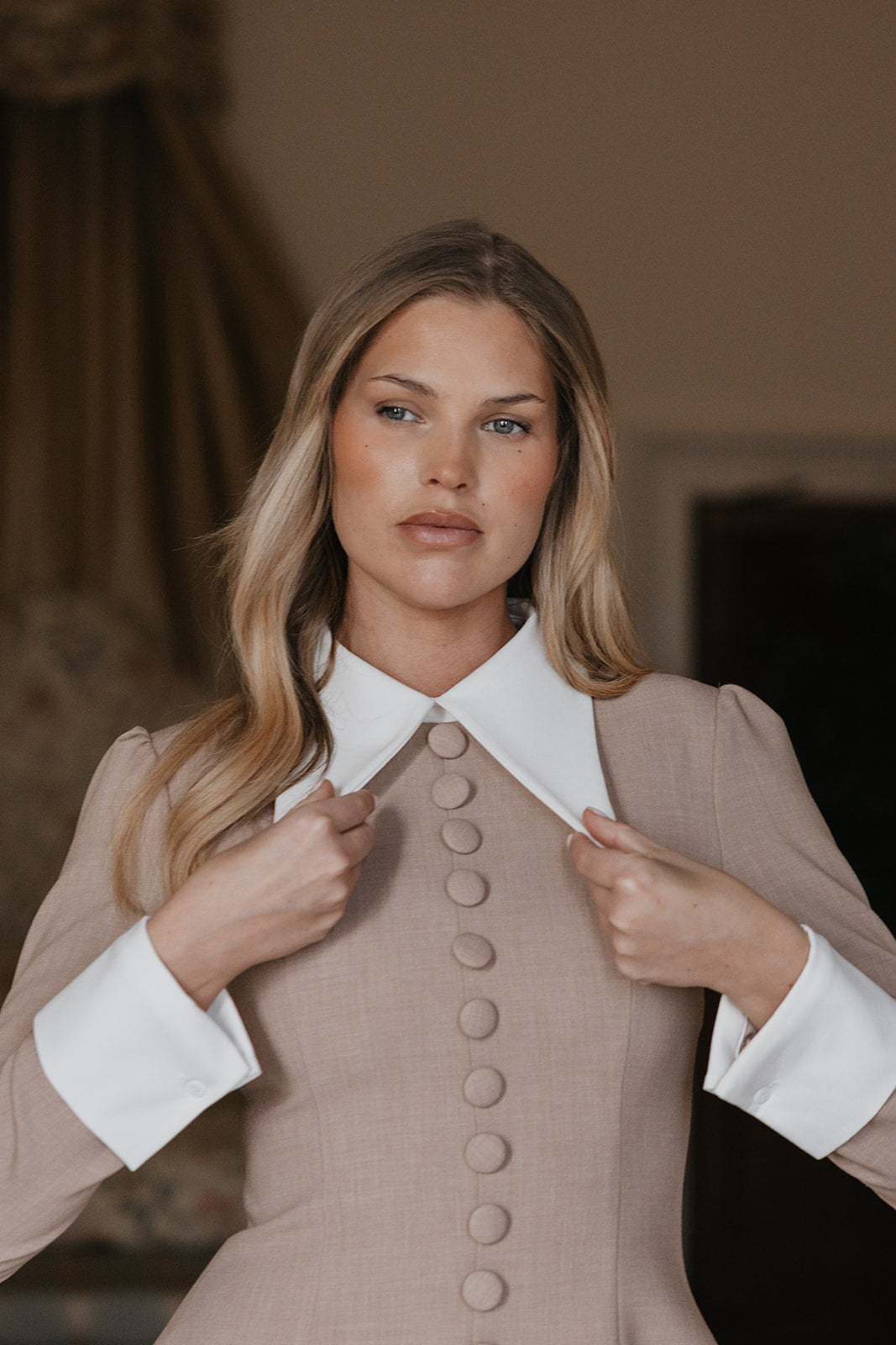 SLOANE Contrast Collar Button Detail Mini Dress In Classic Taupe