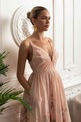 Ruched Bodice Strappy Midi Dress with Smocked Back and Gathered Skirt- Blush