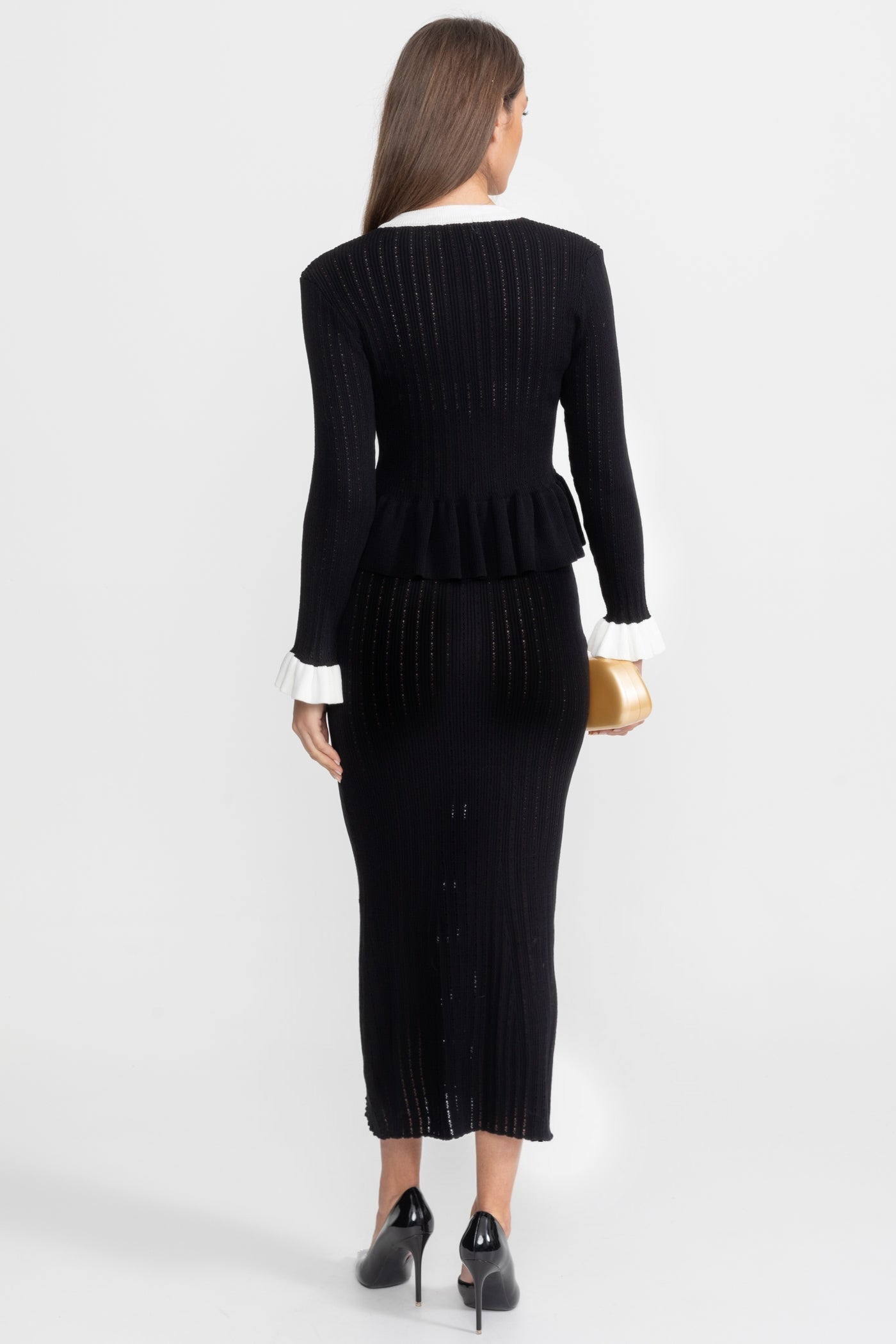 Pointelle Knit Midi Co-Ord with Contrast Trim Black