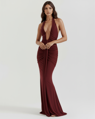 Burgundy Halter Neck, Ruched Details, Glamorous Events