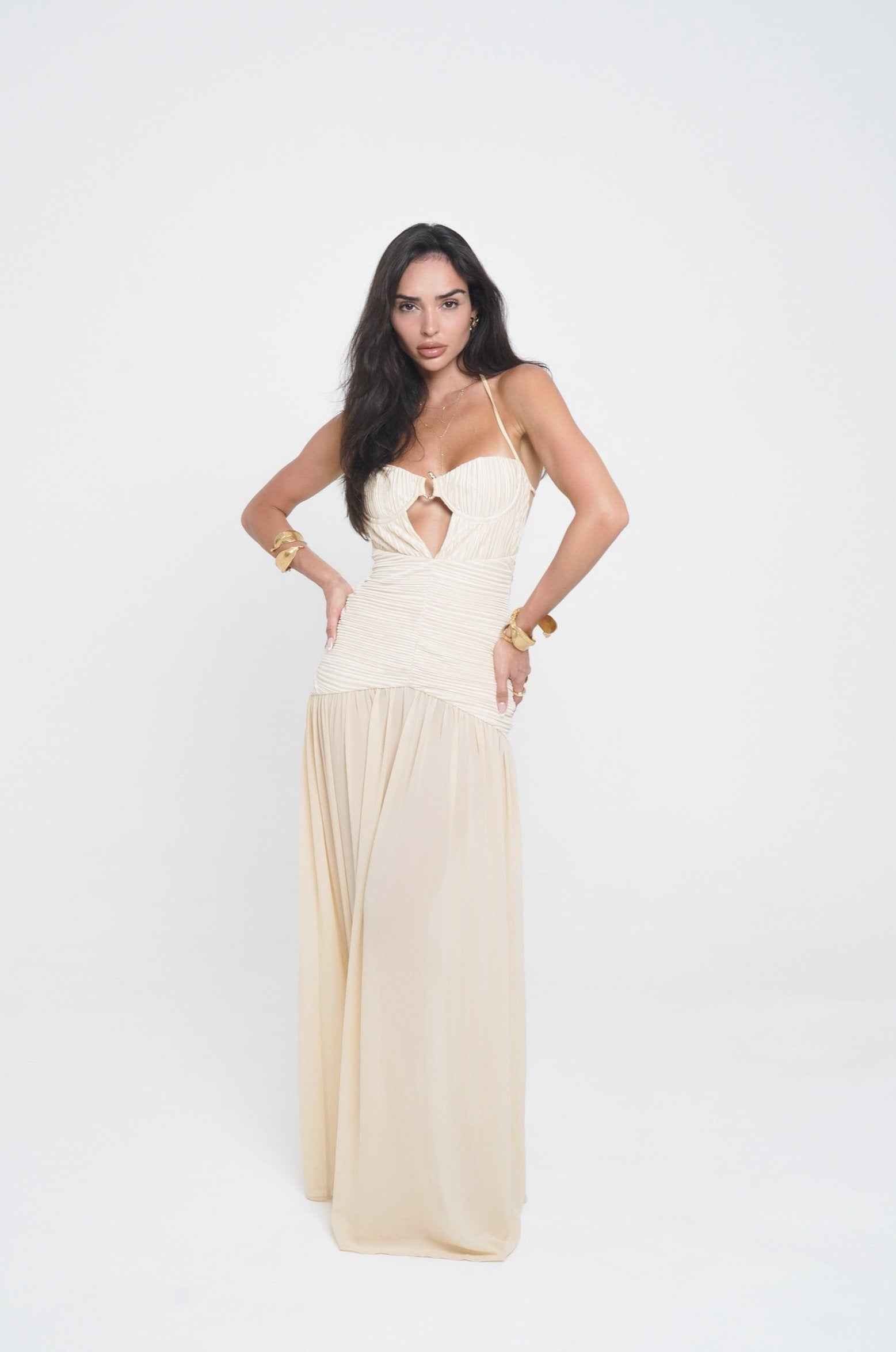 Celeste Maxi Dress - Gold Pleated Sheer Skirt