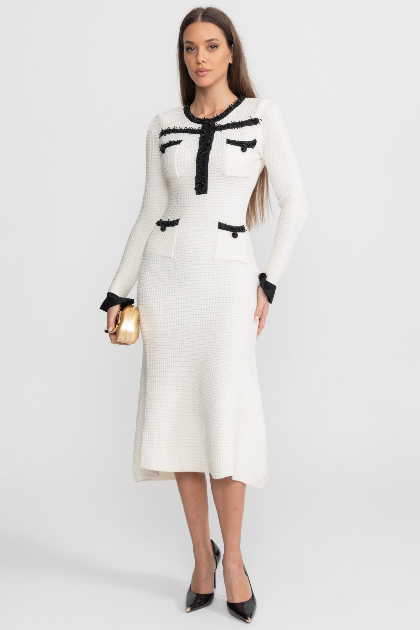 Textured Midi Dress with Contrast Embroidered Trim Ivoire