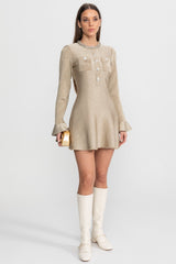 Shimmer Mini Dress with Crystal Button Embellishments Champagne