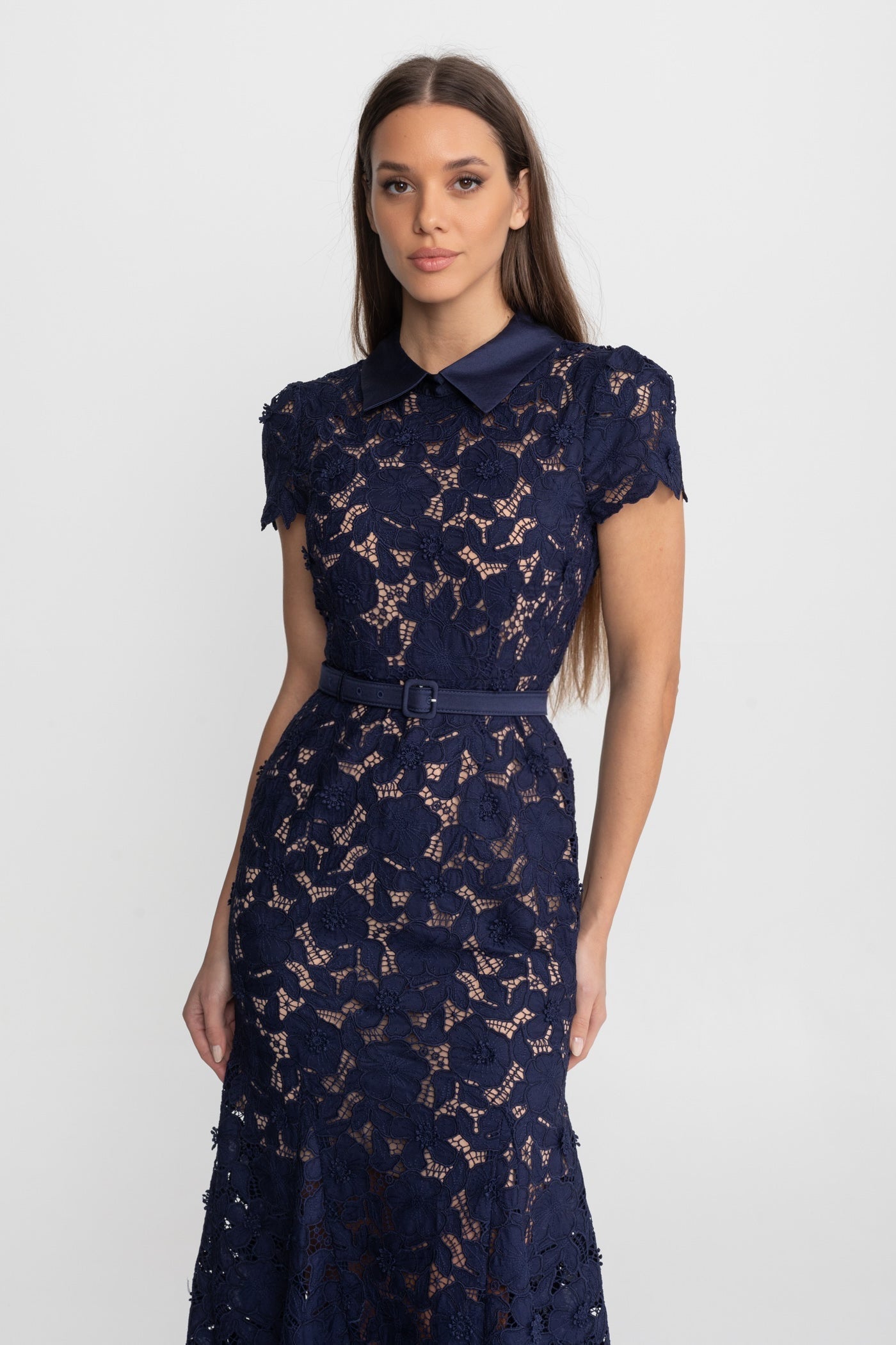 Lace Midi Dress with Belted Waist and Collared Neckline Navy