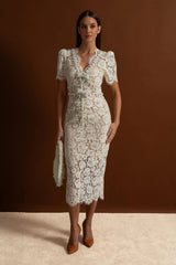 Embellished Lace Midi Dress With Bow Detailing Ivoire