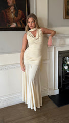 CORDELIA Ruched Drape Scarf Maxi Dress In Buttermilk