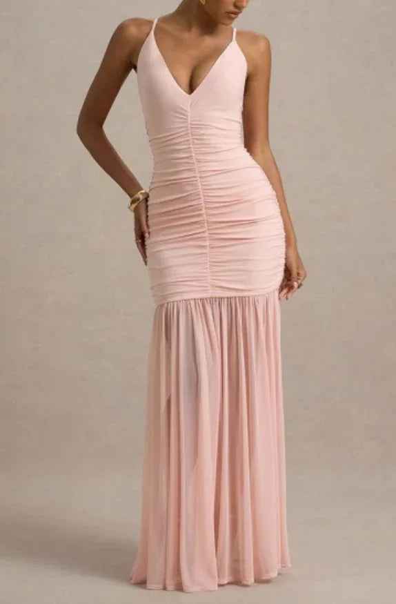 Mermaid Maxi Dress - Pleated Stretch V-Neck