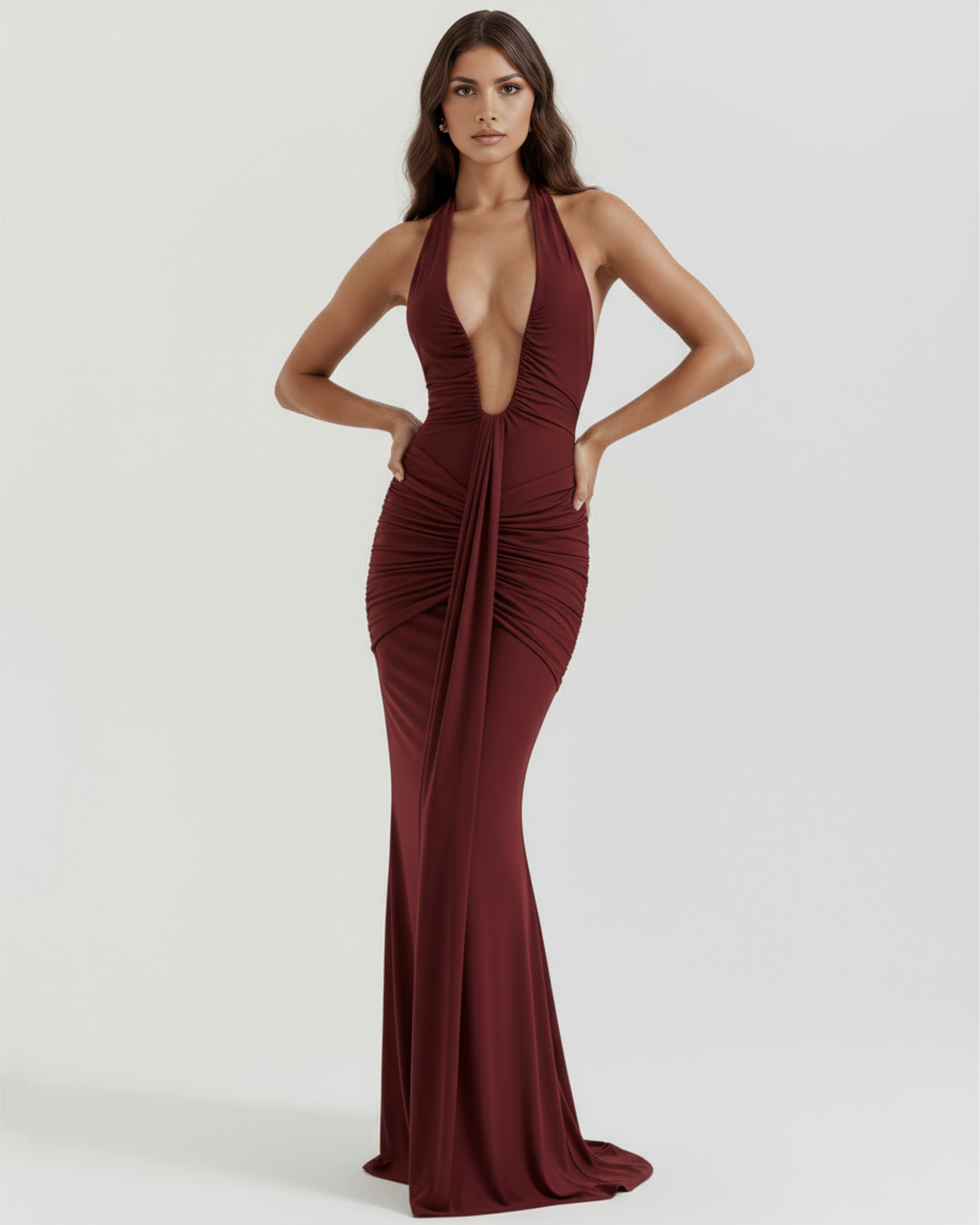 Burgundy Halter Neck, Ruched Details, Glamorous Events