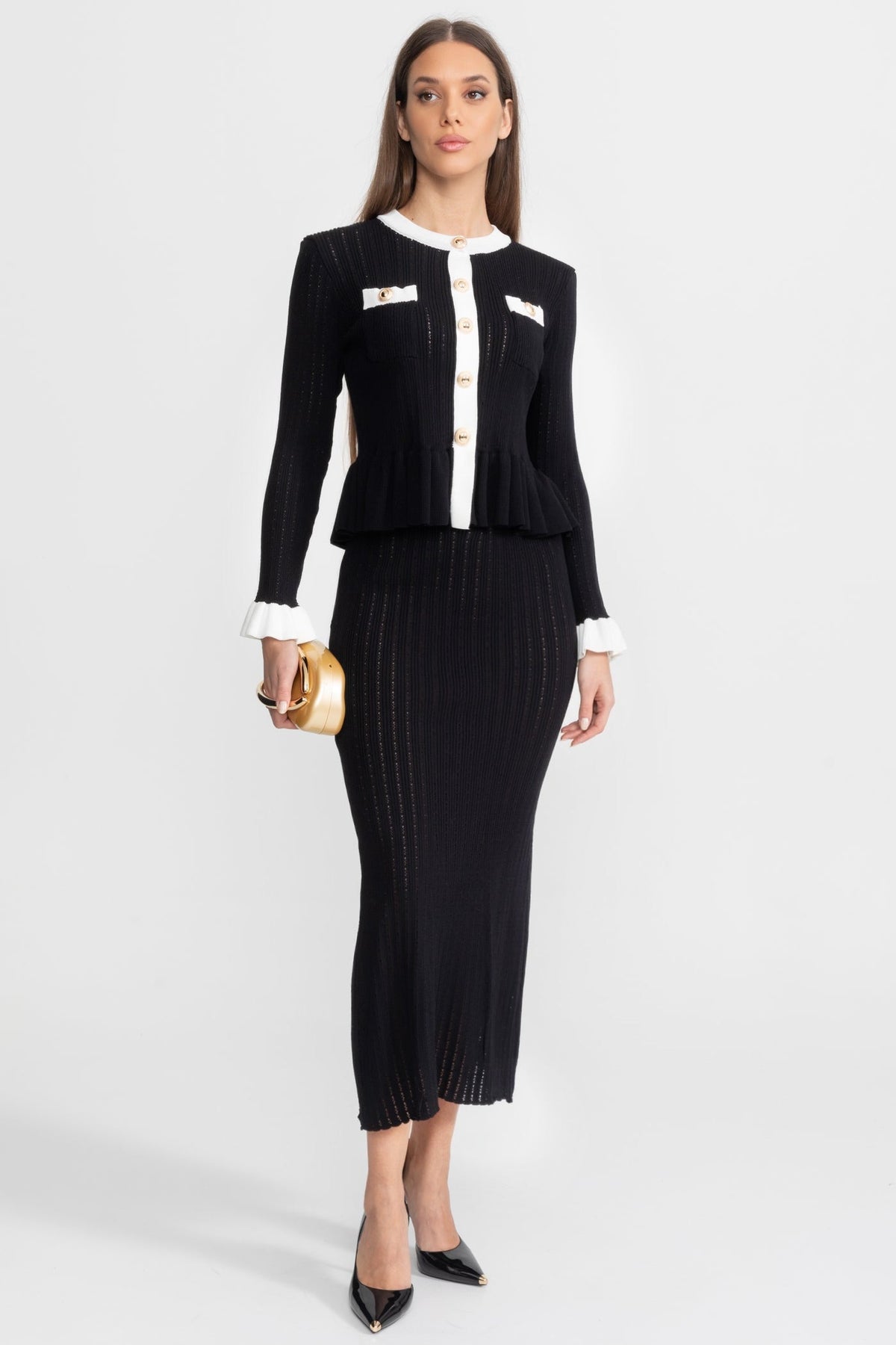 Pointelle Knit Midi Co-Ord with Contrast Trim Black