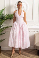 Pastel Checked Halter Dress with Voluminous Skirt - Pink