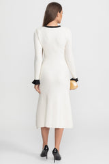 Textured Midi Dress with Contrast Embroidered Trim Ivoire