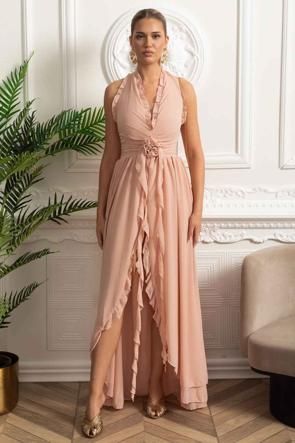 Ruffled Halter Maxi Dress with Rosette Tie Detail - Pink