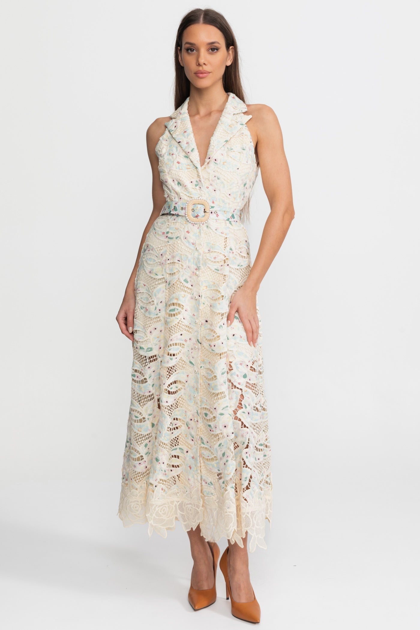 Halter Lace Midi Dress with Belted Waist Ivoire