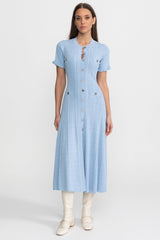 Knit Button-Front Midi Dress with Scalloped Sleeves Baby Blue
