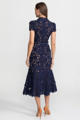 Lace Midi Dress with Belted Waist and Collared Neckline Navy