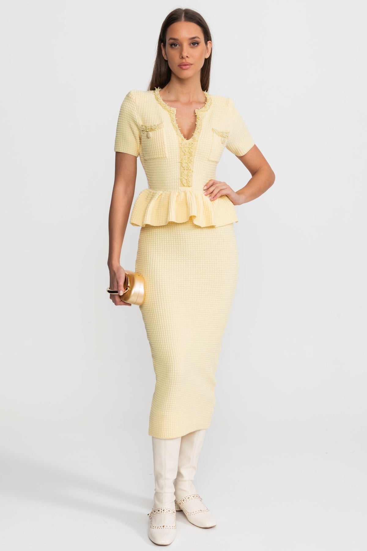 Textured Knit Midi Dress with Peplum Waist Detail Yellow