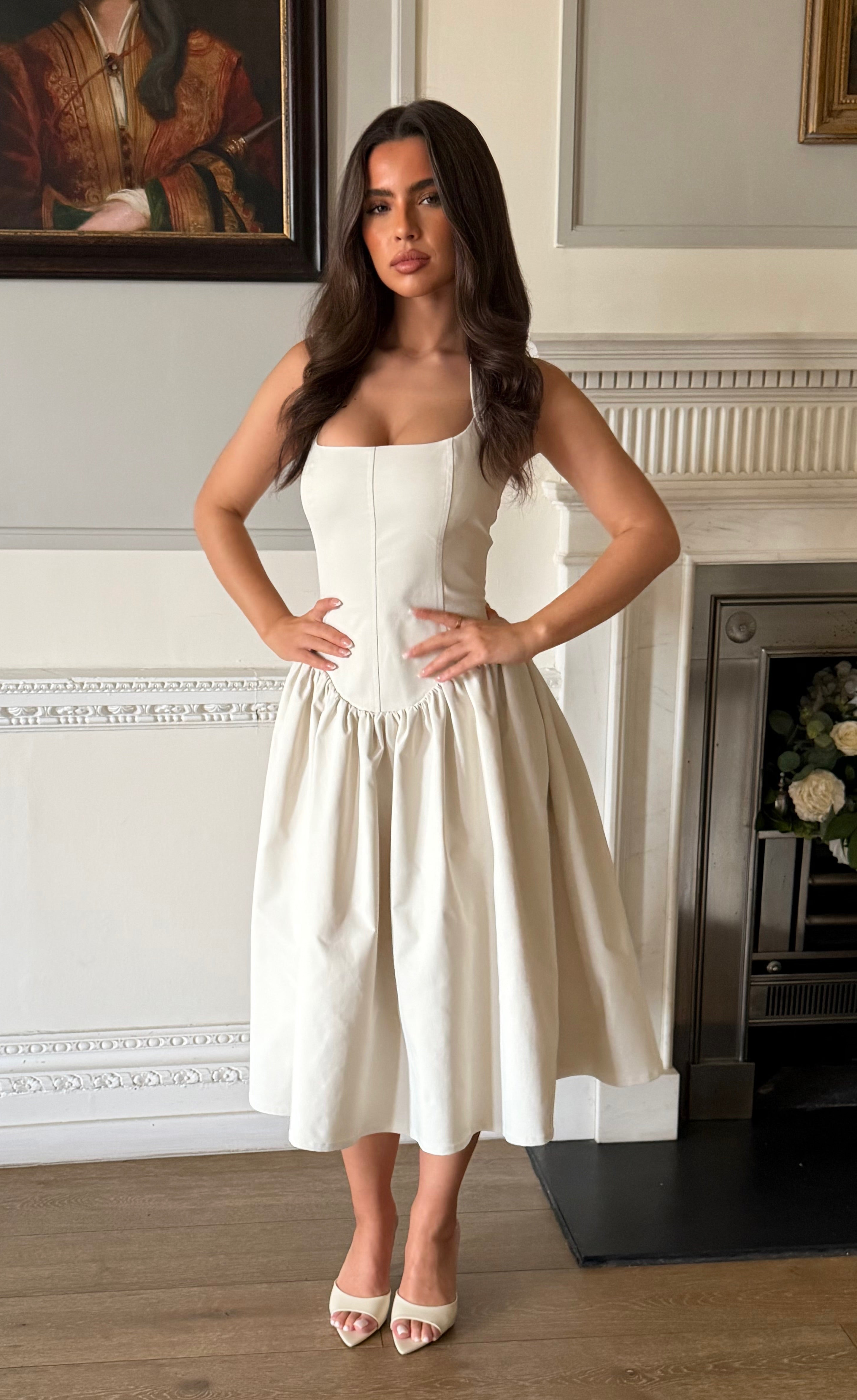 BLYTHE Halterneck Structured Midi Dress In Ivory