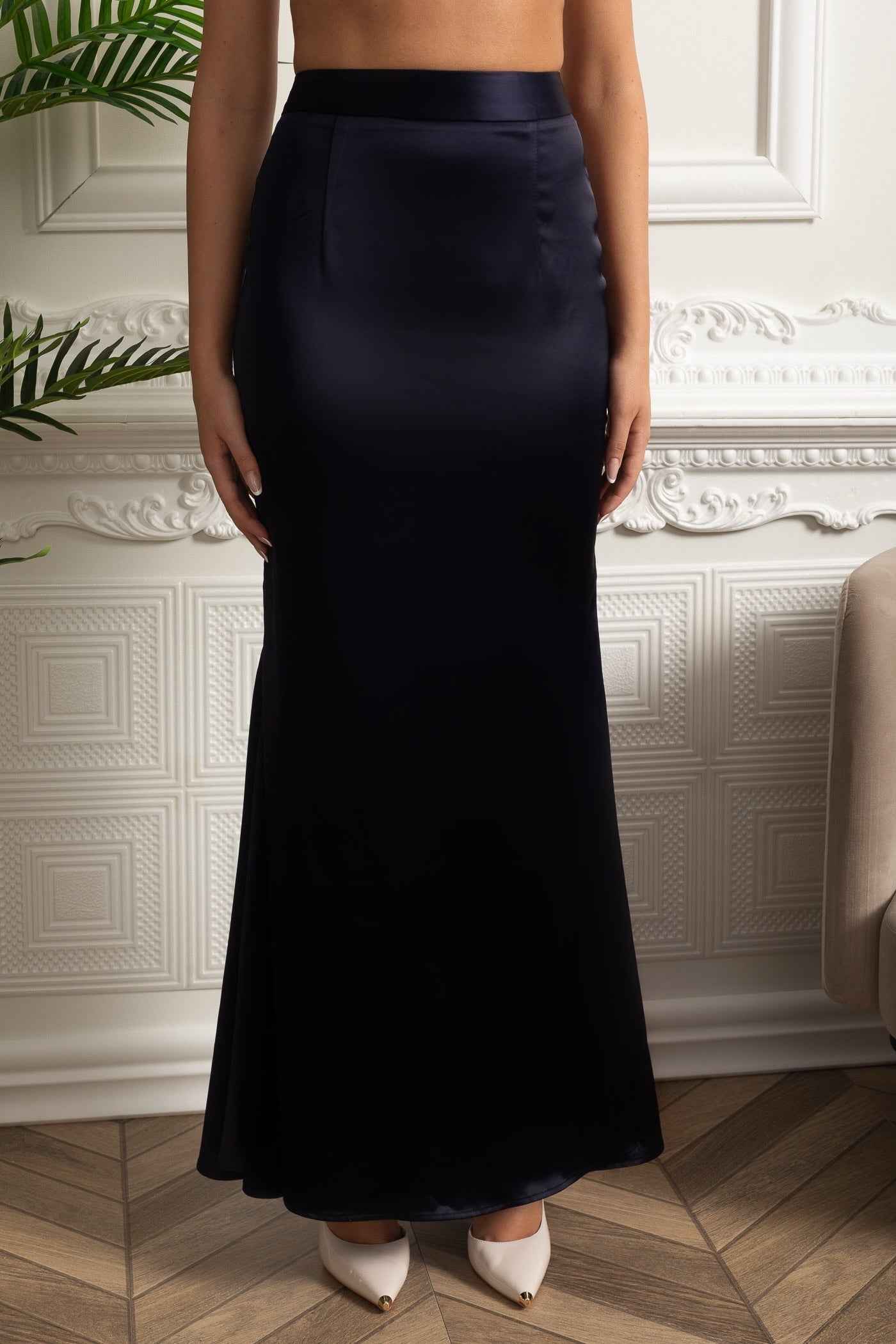 Co-Ord Set with Tweed Embellished Top and Satin Maxi Skirt - Navy