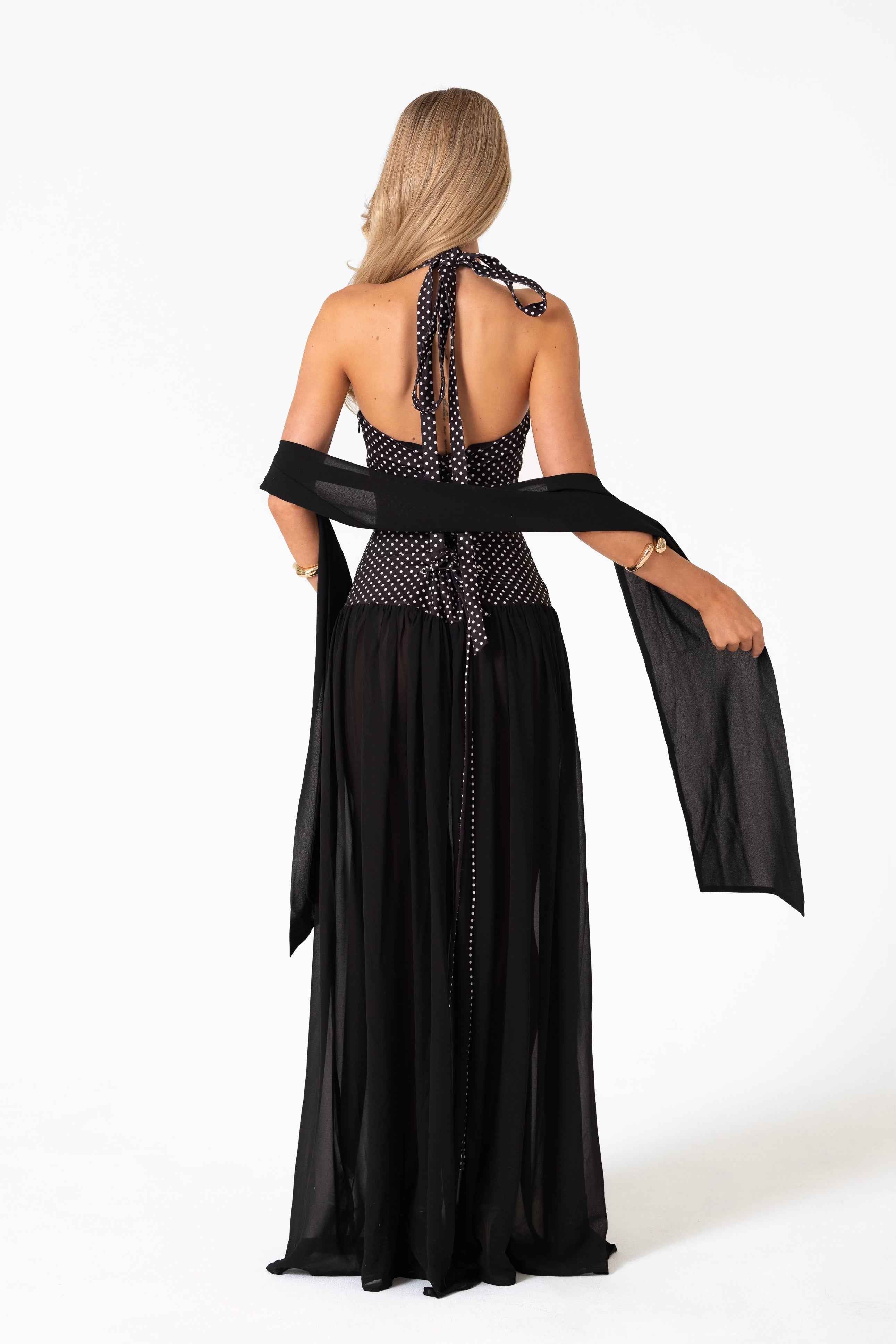 Adeline Maxi Dress - Black Polka Dot Halterneck