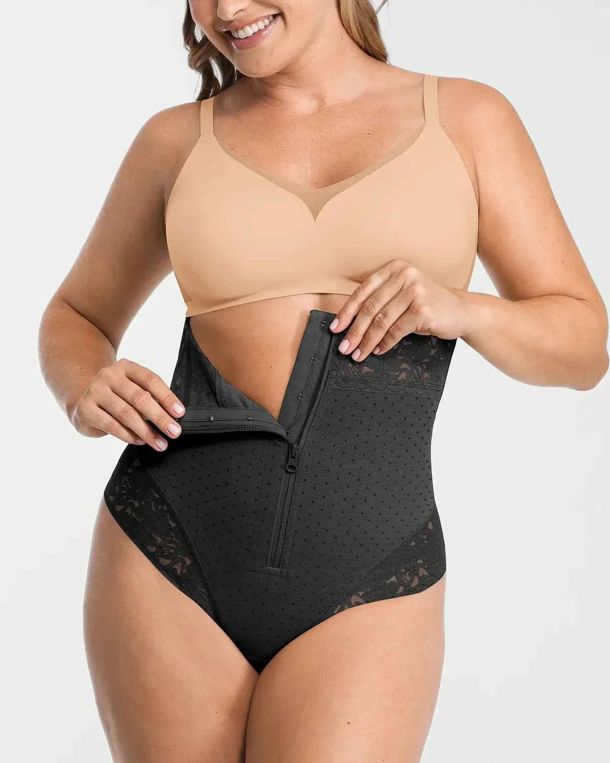 Bare Essentials High-Waisted Shaping Thong - Black Polka Dot Lace