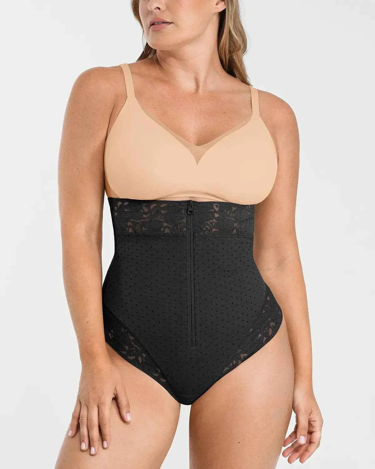 Bare Essentials High-Waisted Shaping Thong - Black Polka Dot Lace