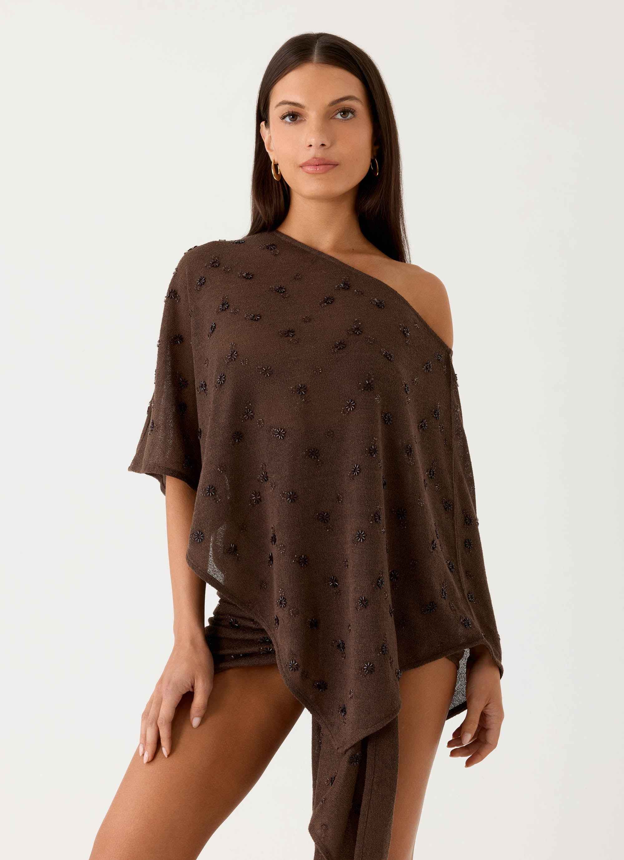 Aizza Midi Cape - Chocolate Beaded Knit