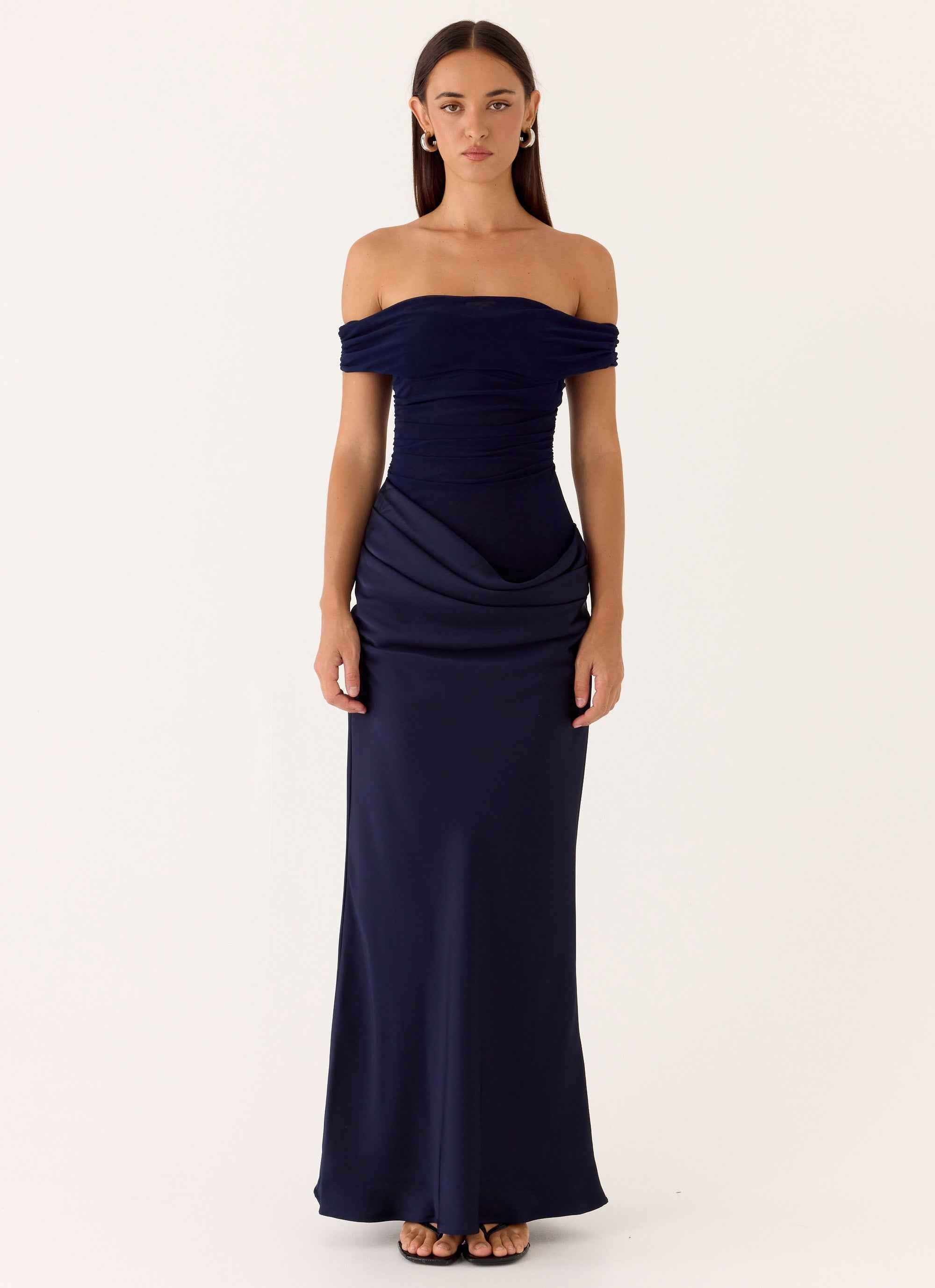 Alicent Maxi Dress - Navy Satin Off-Shoulder