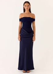 Alicent Maxi Dress - Navy Satin Off-Shoulder