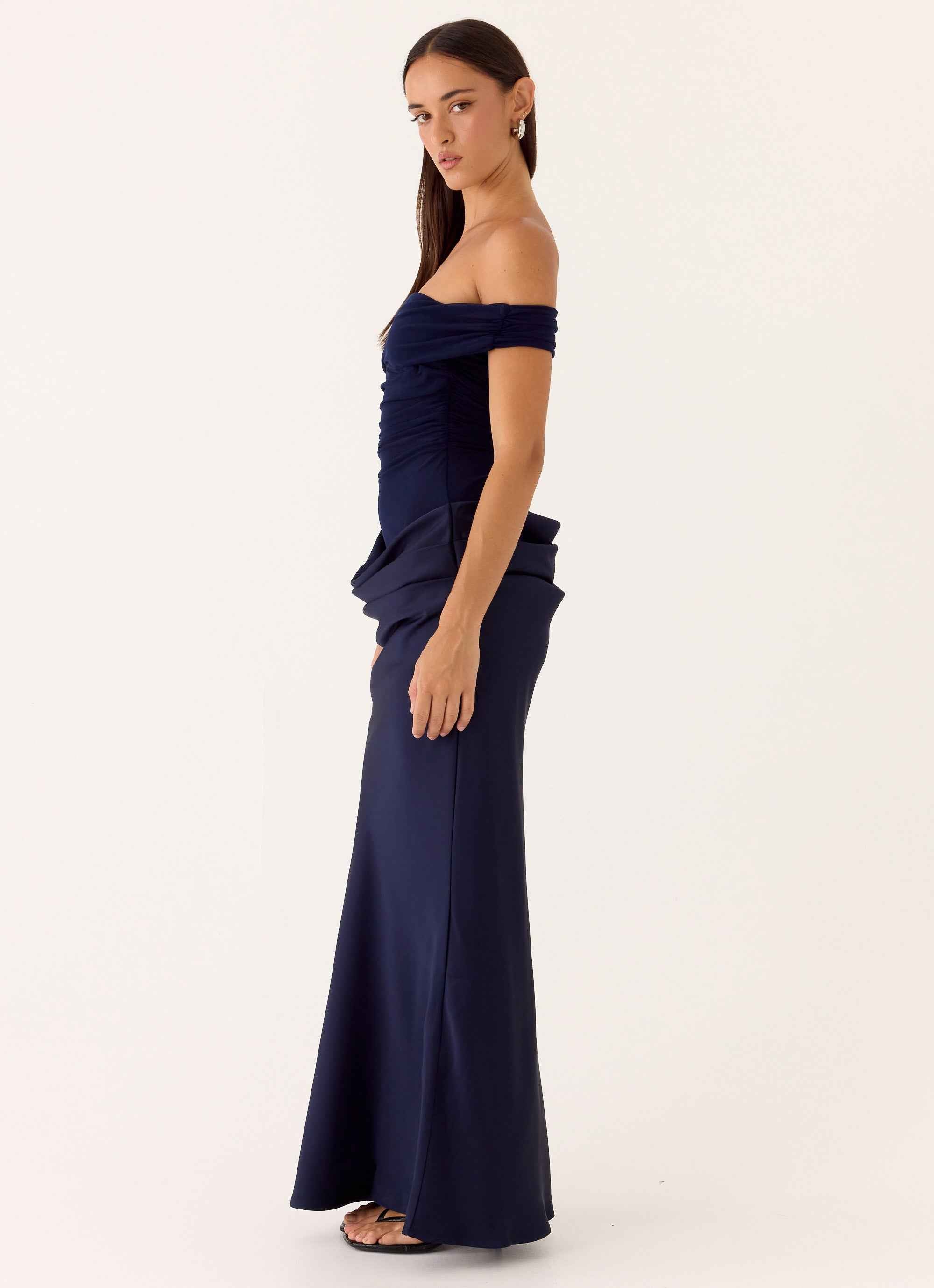 Alicent Maxi Dress - Navy Satin Off-Shoulder