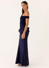 Alicent Maxi Dress - Navy Satin Off-Shoulder