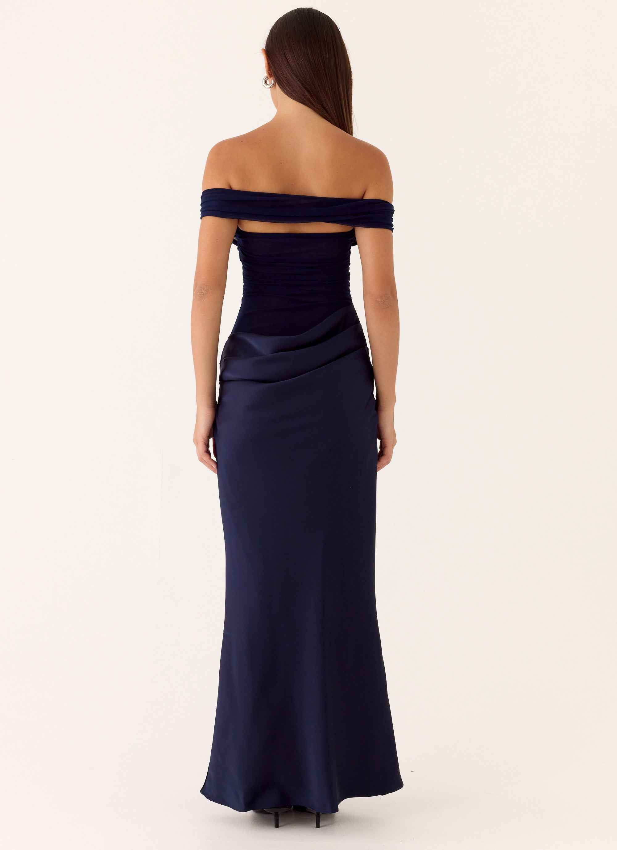 Alicent Maxi Dress - Navy Satin Off-Shoulder