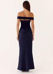 Alicent Maxi Dress - Navy Satin Off-Shoulder